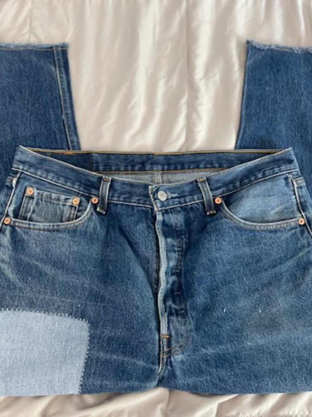 Levis Jeans Upcycled Patched Distressed 501xx 38 x 34 Actual 35 x 25 Retro OOAK - Picture 2 of 16